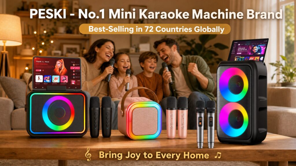 A family of four sitting on a sofa laughing and singing together using the complete Peski karaoke product line displayed on a table in front of them. Banner text reads "PESKI - No.1 Mini Karaoke Machine Brand" and "Best-Selling in 72 Countries Globally", with a bottom caption "Bring Joy to Every Home". The black speaker, rose gold mini speaker, and tall tower speaker are shown with all their respective wireless microphones.