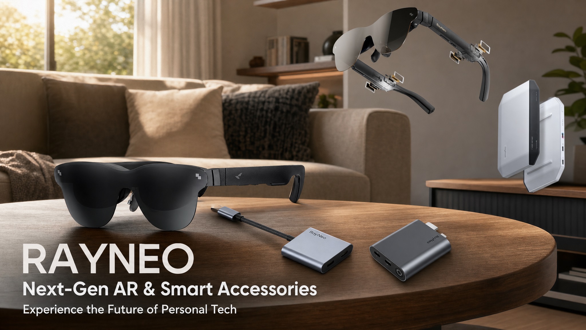 Promotional banner featuring RayNeo Next-Gen AR and Smart Accessories text overlaid on a stylized living room arrangement of the complete product ecosystem.