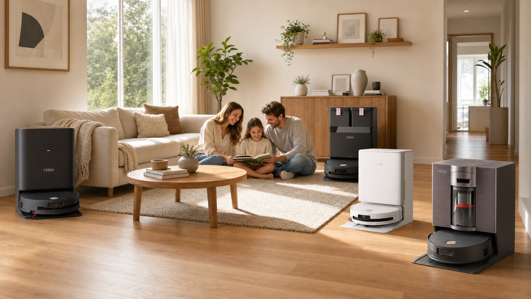 A warm family moment with a mother, father, and daughter reading a book together on a rug, surrounded by four different models of YEEDI robot vacuums and mops positioned around the spacious living room.