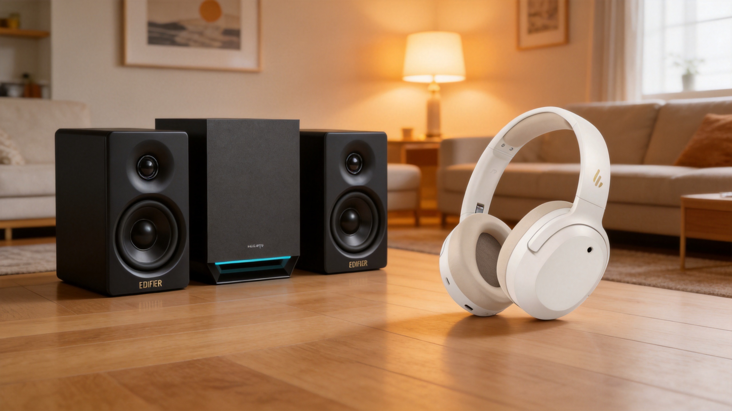 A lifestyle showcase of Edifier products on a wooden floor in a warm-toned living room, featuring a pair of desktop speakers flanked around a subwoofer, and the ivory white over-ear headphones standing on the right.