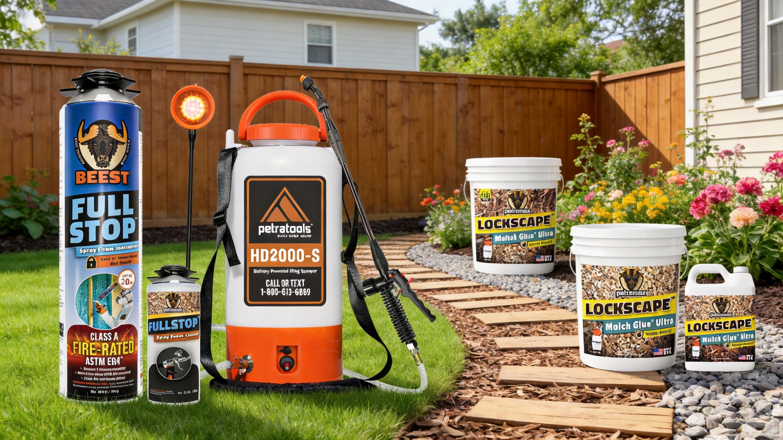 A promotional lineup of lawn and home improvement products positioned along a curving backyard stepping-stone path. The display features BEEST insulation foam, a PetraTools HD2000-S sprayer, and large buckets and jugs of Lockscape Mulch Glue Ultra and Gravel Glue Ultra against a rustic wood fence background.