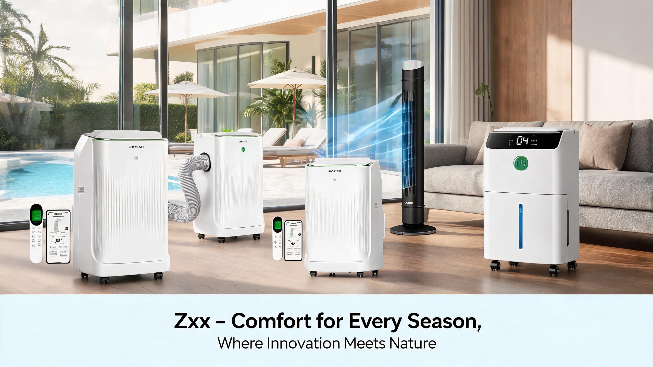 ZAFRO comfort for every season home appliances collection showcasing smart inverter portable AC units oscillating tower fan and home dehumidifier in a modern house beside a swimming pool.