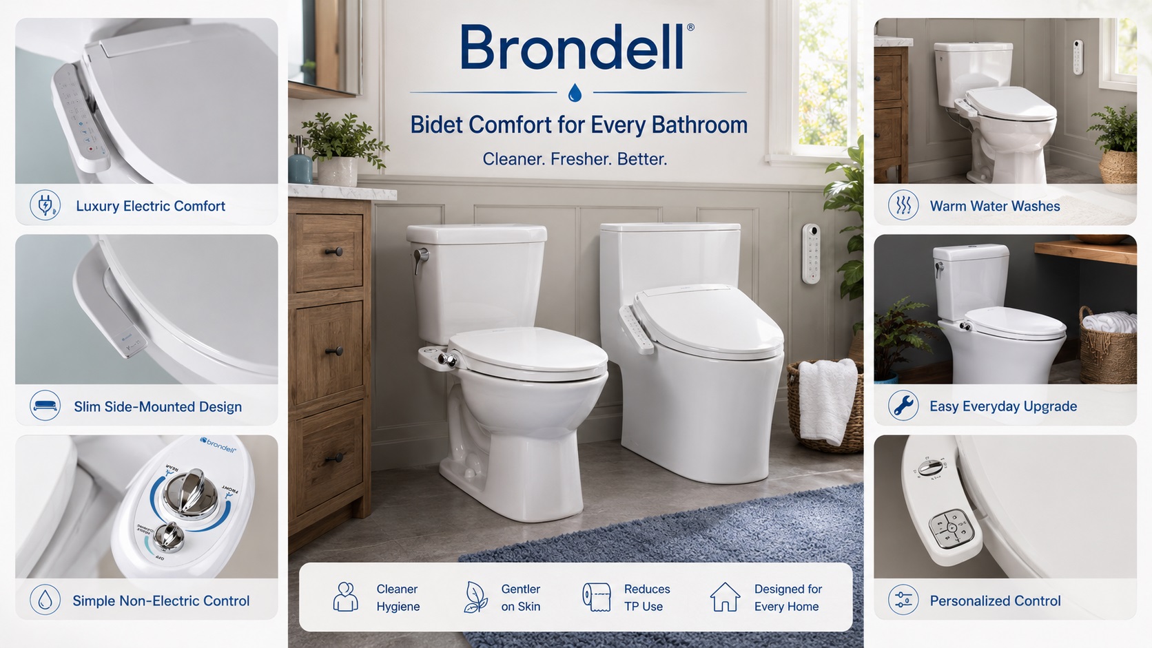 A lineup of four modern toilets fitted with various Brondell premium bidet seats and attachments, showcasing different control mechanisms from wireless remotes to side-arm dials.