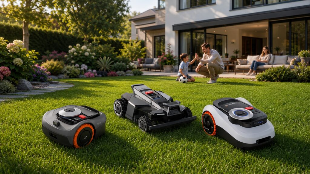Three Navimow robotic lawn mower models displayed on a sunny residential lawn with a modern home and family in the background, presenting a clean smart lawn care product lineup.