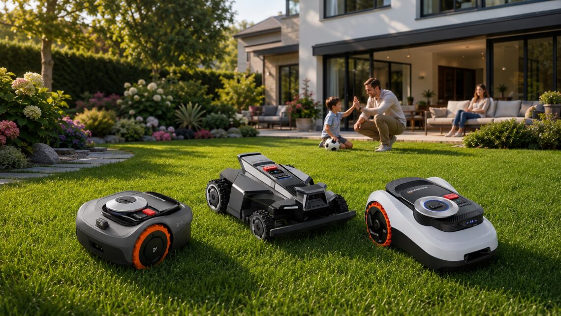 Three Navimow robotic lawn mower models displayed on a sunny residential lawn with a modern home and family in the background, presenting a clean smart lawn care product lineup.