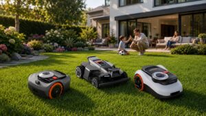 Three Navimow robotic lawn mower models displayed on a sunny residential lawn with a modern home and family in the background, presenting a clean smart lawn care product lineup.
