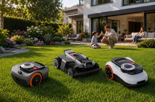 Three Navimow robotic lawn mower models displayed on a sunny residential lawn with a modern home and family in the background, presenting a clean smart lawn care product lineup.