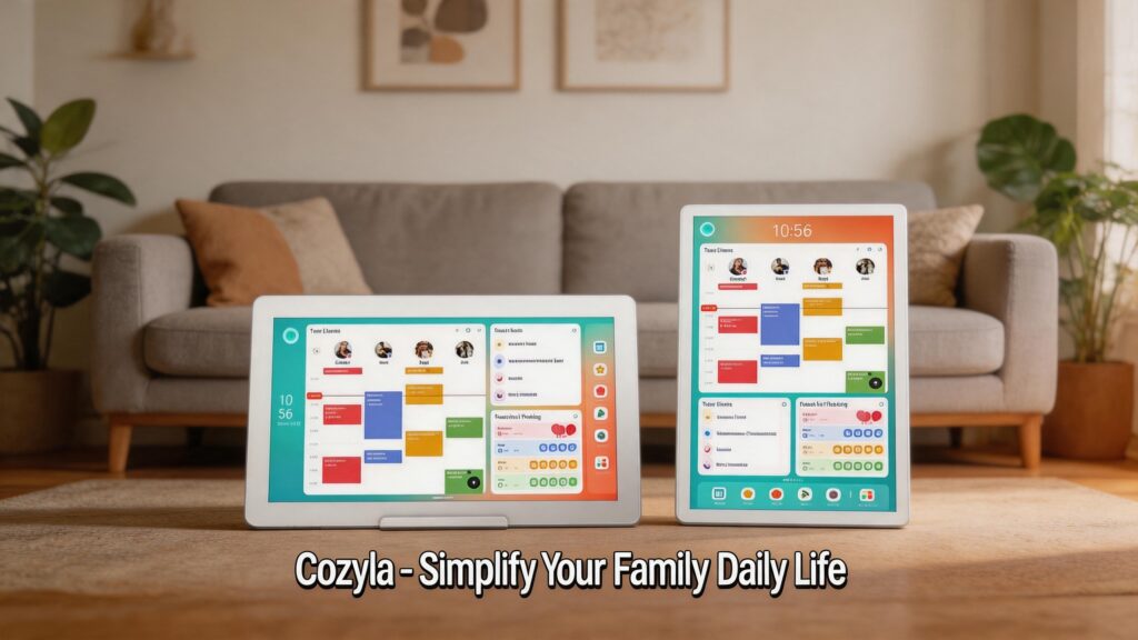 A display of two devices resting on a living room rug: a landscape smart display on the left and a portrait smart tablet on the right. The background features a cozy living room with a grey sofa and plants. The bottom text reads "Cozyla - Simplify Your Family Daily Life".
