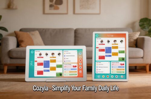 A display of two devices resting on a living room rug: a landscape smart display on the left and a portrait smart tablet on the right. The background features a cozy living room with a grey sofa and plants. The bottom text reads "Cozyla - Simplify Your Family Daily Life".