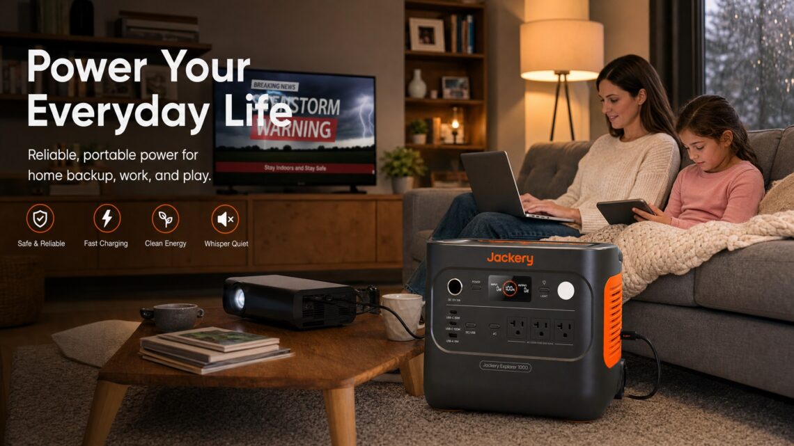 Family using a Jackery portable power station during a home power outage, powering electronics and entertainment devices while providing safe, quiet, and reliable backup energy.