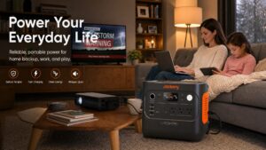 Family using a Jackery portable power station during a home power outage, powering electronics and entertainment devices while providing safe, quiet, and reliable backup energy.
