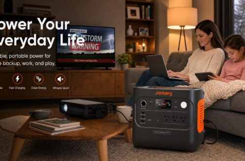 Family using a Jackery portable power station during a home power outage, powering electronics and entertainment devices while providing safe, quiet, and reliable backup energy.