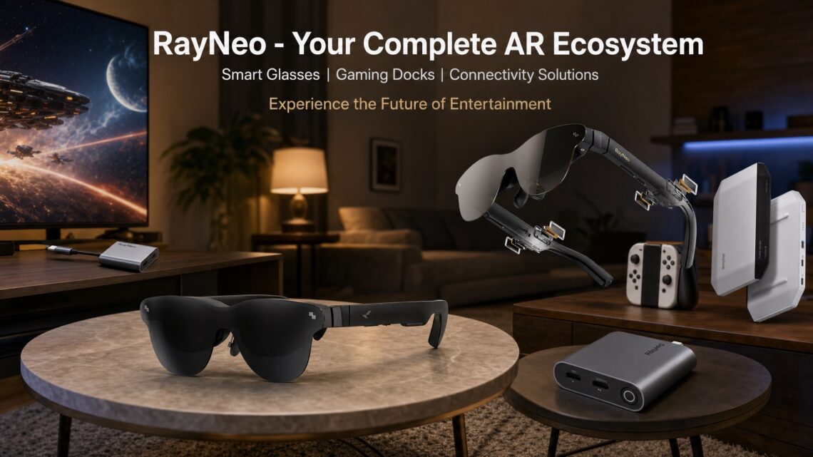 RayNeo AR ecosystem banner titled "Your Complete AR Ecosystem" displaying smart glasses, gaming docks, and connectivity solutions on home tables with a space game running on TV.