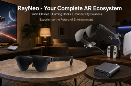 RayNeo AR ecosystem banner titled "Your Complete AR Ecosystem" displaying smart glasses, gaming docks, and connectivity solutions on home tables with a space game running on TV.