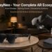 RayNeo AR ecosystem banner titled "Your Complete AR Ecosystem" displaying smart glasses, gaming docks, and connectivity solutions on home tables with a space game running on TV.