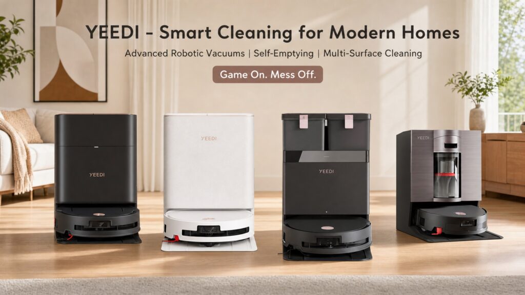 A promotional banner image displaying four YEEDI robot vacuums and stations under the text "YEEDI - Smart Cleaning for Modern Homes" and their slogan "Game On. Mess Off.", highlighting advanced robotic vacuums with self-emptying and multi-surface cleaning.