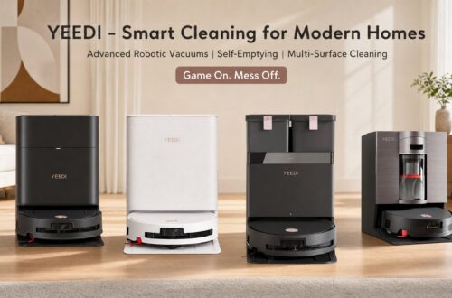 A promotional banner image displaying four YEEDI robot vacuums and stations under the text "YEEDI - Smart Cleaning for Modern Homes" and their slogan "Game On. Mess Off.", highlighting advanced robotic vacuums with self-emptying and multi-surface cleaning.