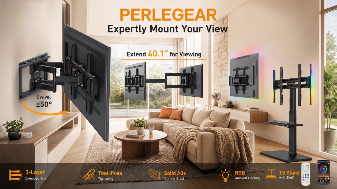 Comprehensive lifestyle banner displaying various Perlegear TV mounts in a modern home, highlighting features like a 3-layer extended arm, tool-free tightening, solid A3 plus carbon steel build, and RGB lighting.