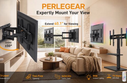 Comprehensive lifestyle banner displaying various Perlegear TV mounts in a modern home, highlighting features like a 3-layer extended arm, tool-free tightening, solid A3 plus carbon steel build, and RGB lighting.
