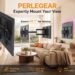 Comprehensive lifestyle banner displaying various Perlegear TV mounts in a modern home, highlighting features like a 3-layer extended arm, tool-free tightening, solid A3 plus carbon steel build, and RGB lighting.