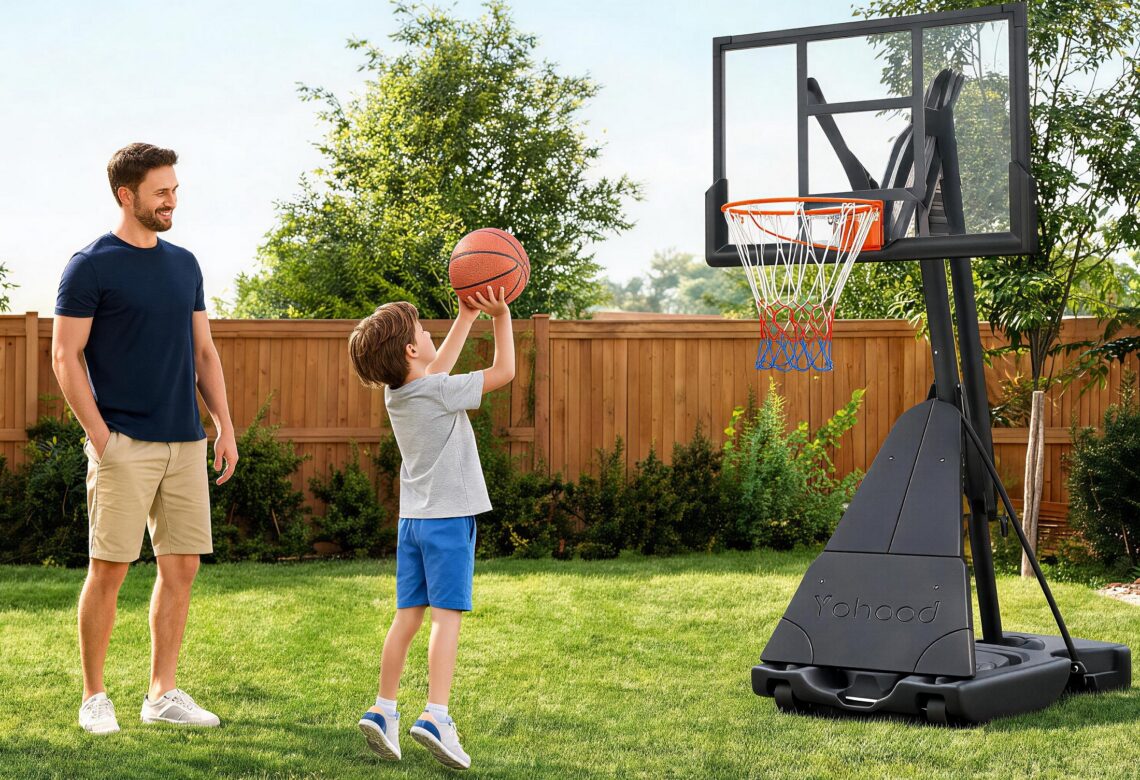 A cheerful father watching his young son practice a shot on a heavy-duty Yohood basketball goal with a foldable side frame system in a sunny backyard.