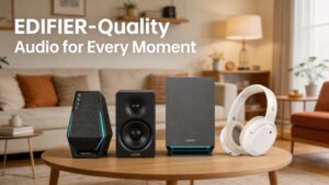 Promotional image with text overlay reading "EDIFIER-Quality Audio for Every Moment". It showcases the gaming satellite speaker, studio desktop speaker, subwoofer, and wireless ANC headphones lined up on a living room coffee table.