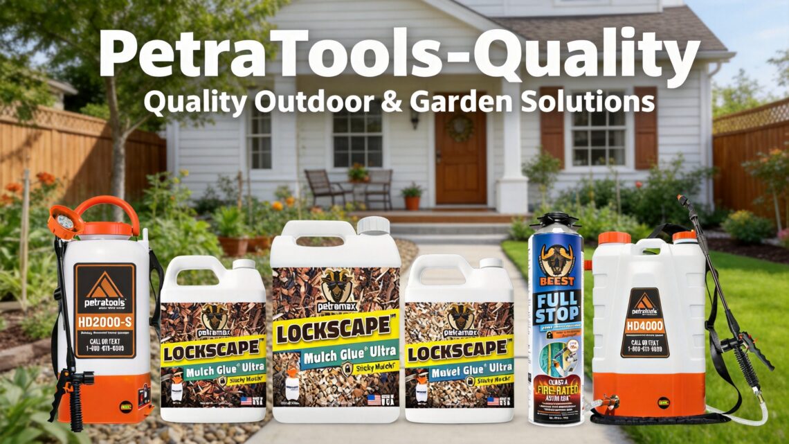 A brand banner graphic titled "PetraTools-Quality Quality Outdoor & Garden Solutions" featuring a comprehensive product family portrait in front of a house. The product lineup includes an HD2000-S sprayer, three different white jugs of Lockscape mulch and gravel glue, a BEEST foam insulation can, and an HD4000 backpack sprayer.