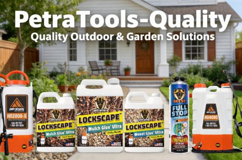 A brand banner graphic titled "PetraTools-Quality Quality Outdoor & Garden Solutions" featuring a comprehensive product family portrait in front of a house. The product lineup includes an HD2000-S sprayer, three different white jugs of Lockscape mulch and gravel glue, a BEEST foam insulation can, and an HD4000 backpack sprayer.