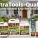 A brand banner graphic titled "PetraTools-Quality Quality Outdoor & Garden Solutions" featuring a comprehensive product family portrait in front of a house. The product lineup includes an HD2000-S sprayer, three different white jugs of Lockscape mulch and gravel glue, a BEEST foam insulation can, and an HD4000 backpack sprayer.