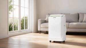 Sleek white ZAFRO smart inverter portable air conditioner standing on a hardwood floor in a minimalist sunlit modern living room.
