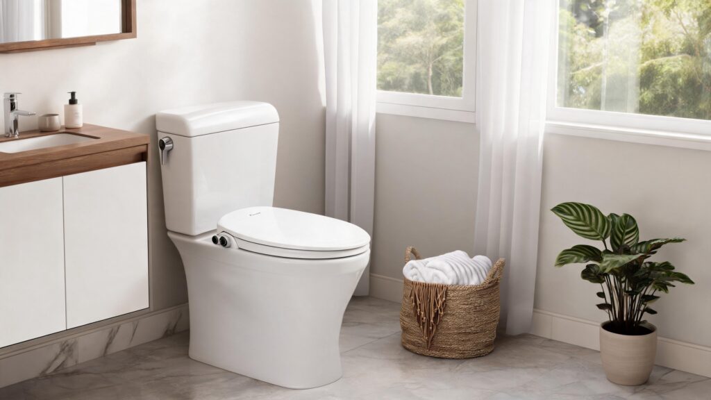 An elegant lifestyle image of a minimalist modern bathroom featuring a sleek toilet upgraded with a Brondell Swash white non-electric bidet seat next to a wicker towel basket and green plant.