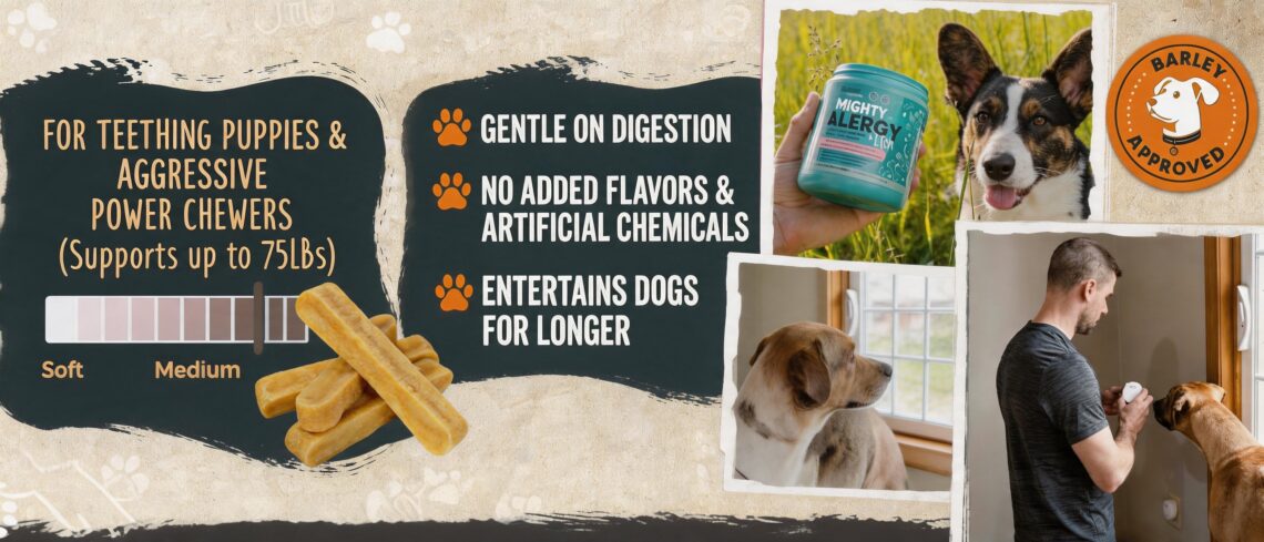 Mighty Paw brand multi-product infographic compilation on a textured background. Top left: Text 'FOR TEETHING PUPPIES & AGGRESSIVE POWER CHEWERS (Supports up to 75LBs)' and hardness scale with stacked chews photo. Center: Text highlighting 'GENTLE ON DIGESTION', 'NO ADDED FLAVORS & ARTIFICIAL CHEMICALS', and 'ENTERTAINS DOGS FOR LONGER'. Bottom center: Photograph of a brown and white dog looking out a window. Bottom right: Photograph of a man showing a wireless bell to a dog. Top right: Photo of man holding allergy supplement container next to a Corgi, with orange 'BARLEY APPROVED' logo.