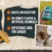 Mighty Paw brand multi-product infographic compilation on a textured background. Top left: Text 'FOR TEETHING PUPPIES & AGGRESSIVE POWER CHEWERS (Supports up to 75LBs)' and hardness scale with stacked chews photo. Center: Text highlighting 'GENTLE ON DIGESTION', 'NO ADDED FLAVORS & ARTIFICIAL CHEMICALS', and 'ENTERTAINS DOGS FOR LONGER'. Bottom center: Photograph of a brown and white dog looking out a window. Bottom right: Photograph of a man showing a wireless bell to a dog. Top right: Photo of man holding allergy supplement container next to a Corgi, with orange 'BARLEY APPROVED' logo.