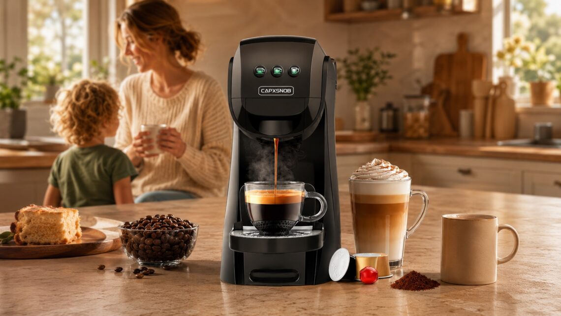 CAPXSNOB compact coffee maker brewing espresso on a warm kitchen countertop with coffee beans, capsules, ground coffee, latte drinks, and a family moment in the background.