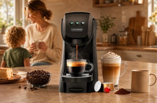 CAPXSNOB compact coffee maker brewing espresso on a warm kitchen countertop with coffee beans, capsules, ground coffee, latte drinks, and a family moment in the background.