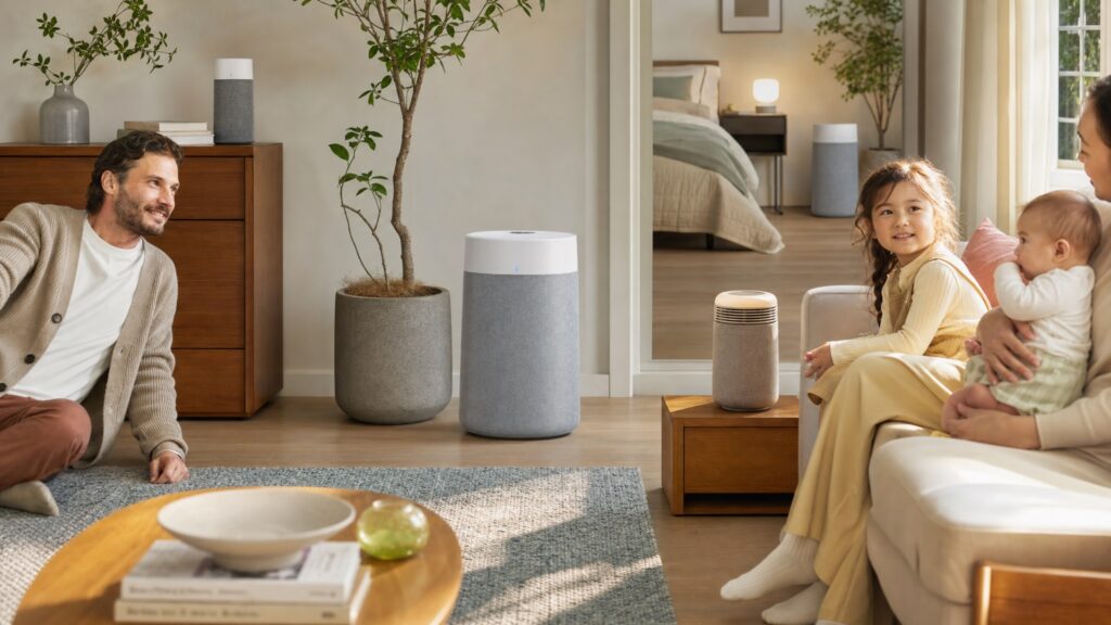 A lifestyle family scene featuring multiple air purifiers placed across different rooms in a modern home, highlighting clean air throughout the house.
