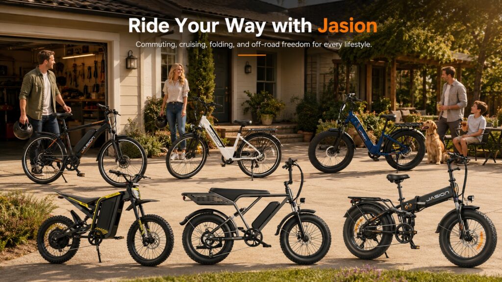 Promotional banner showing multiple Jasion electric bike models with brand slogan in a lifestyle setting.