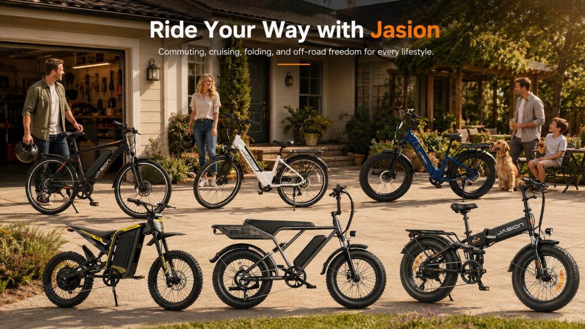 Promotional banner showing multiple Jasion electric bike models with brand slogan in a lifestyle setting.