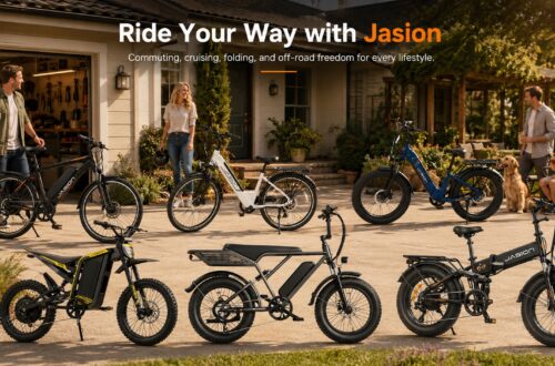 Promotional banner showing multiple Jasion electric bike models with brand slogan in a lifestyle setting.