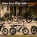 Promotional banner showing multiple Jasion electric bike models with brand slogan in a lifestyle setting.
