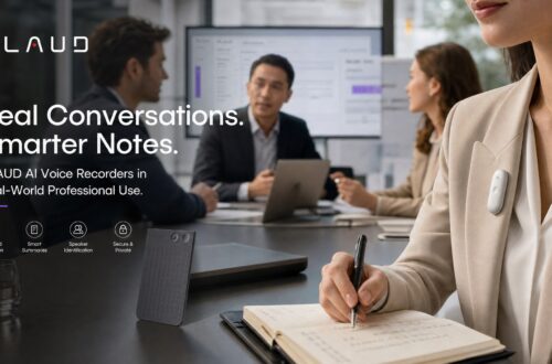 A promotional marketing banner with the headline "Real Conversations. Smarter Notes." In the foreground, a woman wearing a beige blazer has a small white PLAUD capsule recorder pinned to her lapel while writing in a notebook. A grey card-shaped recorder sits on the conference table. In the background, a team of professionals is conducting a meeting in front of a presentation screen.