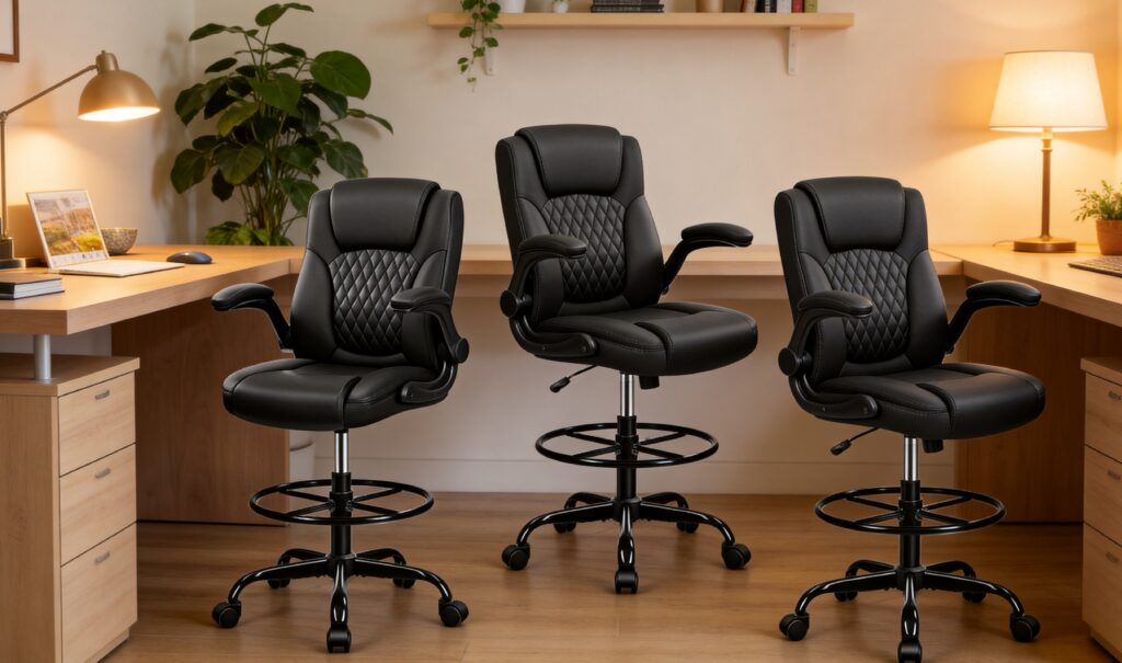 Three Brick Attic executive drafting chairs with padded ergonomic backrests, elevated seating height, footrest rings, and swivel caster bases arranged in a professional office setting.
