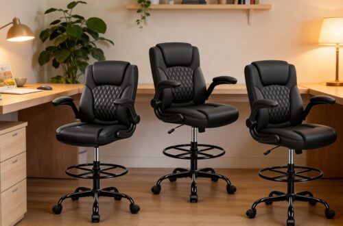 Three Brick Attic executive drafting chairs with padded ergonomic backrests, elevated seating height, footrest rings, and swivel caster bases arranged in a professional office setting.