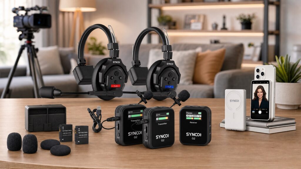SYNCO Creator Ecosystem Including Wireless Microphones, Intercom Headsets and Smartphone Video Accessories