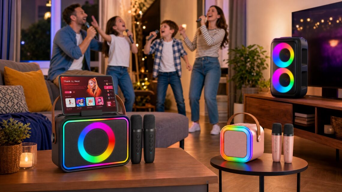 A lively family night scene where parents and their two children are jumping, dancing, and singing in a warm living room with a large TV. In the foreground, the black horizontal Peski karaoke machine (with tablet) sits on a side table, while the rose gold mini karaoke machine and the tall tower speaker with flashing RGB lights are placed on separate tables around the room, creating an immersive party environment.