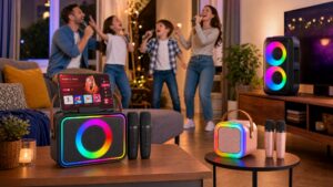 A lively family night scene where parents and their two children are jumping, dancing, and singing in a warm living room with a large TV. In the foreground, the black horizontal Peski karaoke machine (with tablet) sits on a side table, while the rose gold mini karaoke machine and the tall tower speaker with flashing RGB lights are placed on separate tables around the room, creating an immersive party environment.