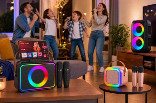 A lively family night scene where parents and their two children are jumping, dancing, and singing in a warm living room with a large TV. In the foreground, the black horizontal Peski karaoke machine (with tablet) sits on a side table, while the rose gold mini karaoke machine and the tall tower speaker with flashing RGB lights are placed on separate tables around the room, creating an immersive party environment.