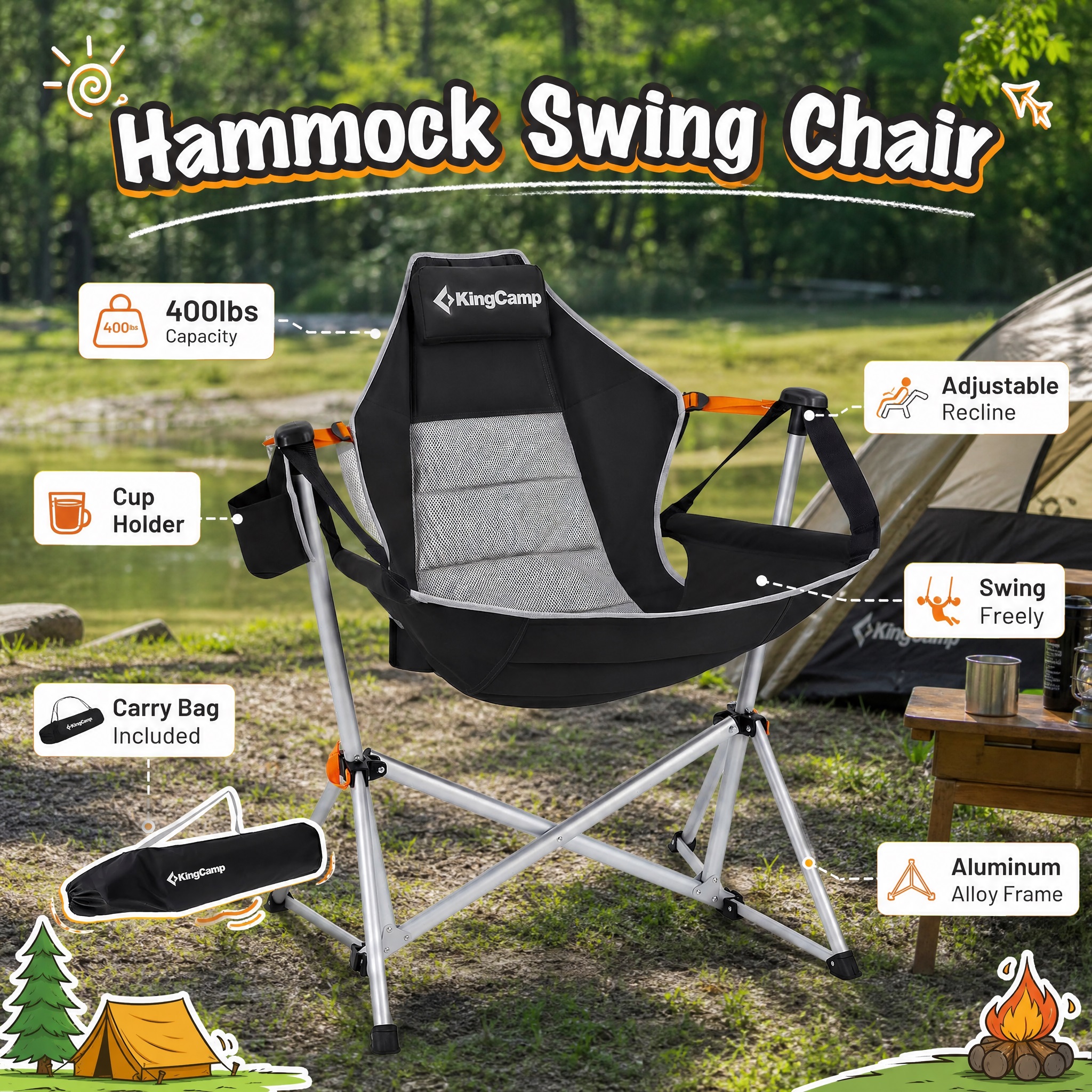 Infographic for KingCamp Hammock Swing Chair, highlighting a 400lbs weight capacity, aluminum alloy frame, adjustable recline, free swinging motion, cup holder, and included carry bag against an outdoor camping backdrop.