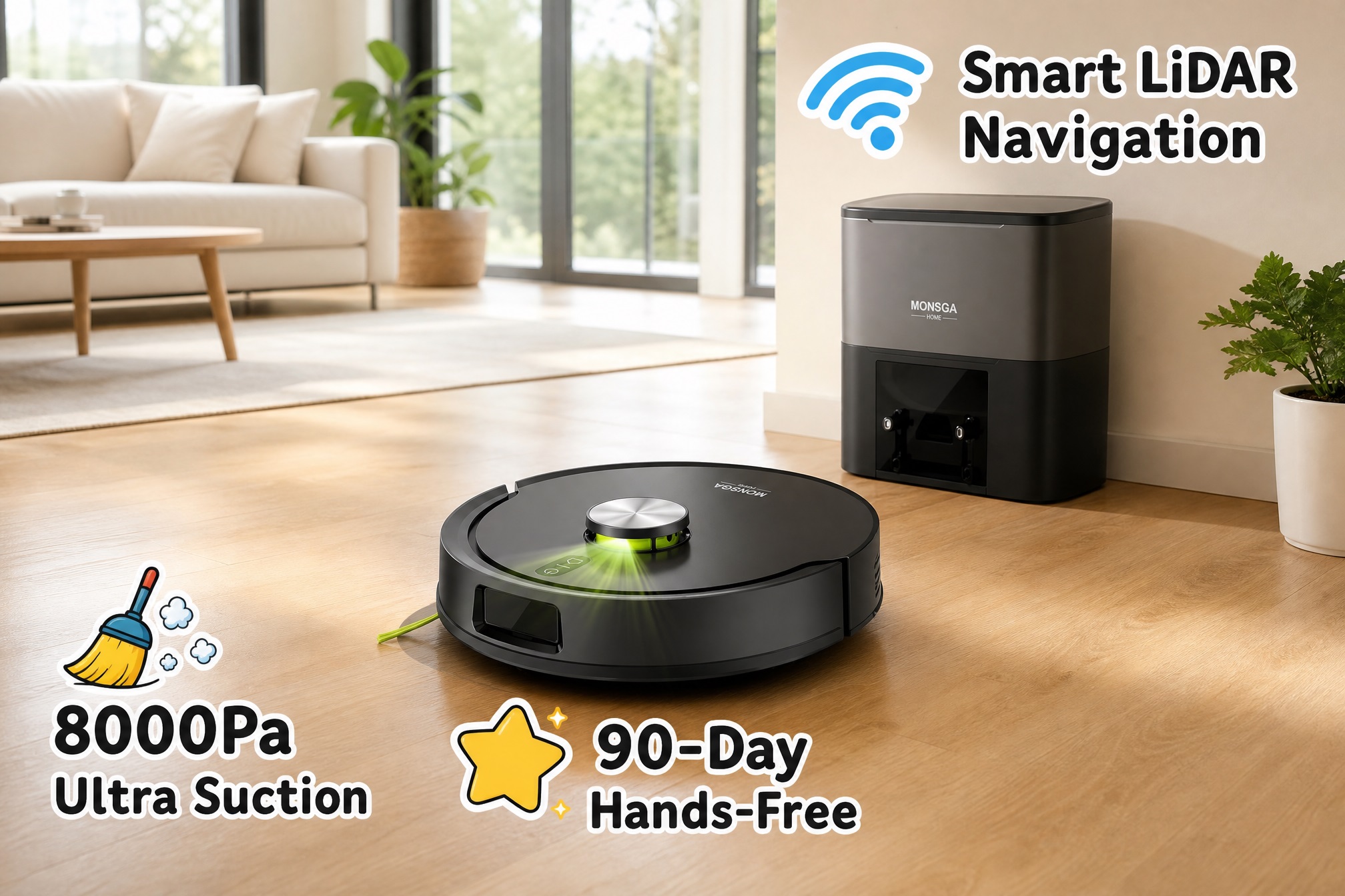 An image of the MONSGA robot vacuum and its auto-empty dock on a modern living room floor. Text and icons highlight key features: "Smart LiDAR Navigation," "8000Pa Ultra Suction," and "90-Day Hands-Free."
