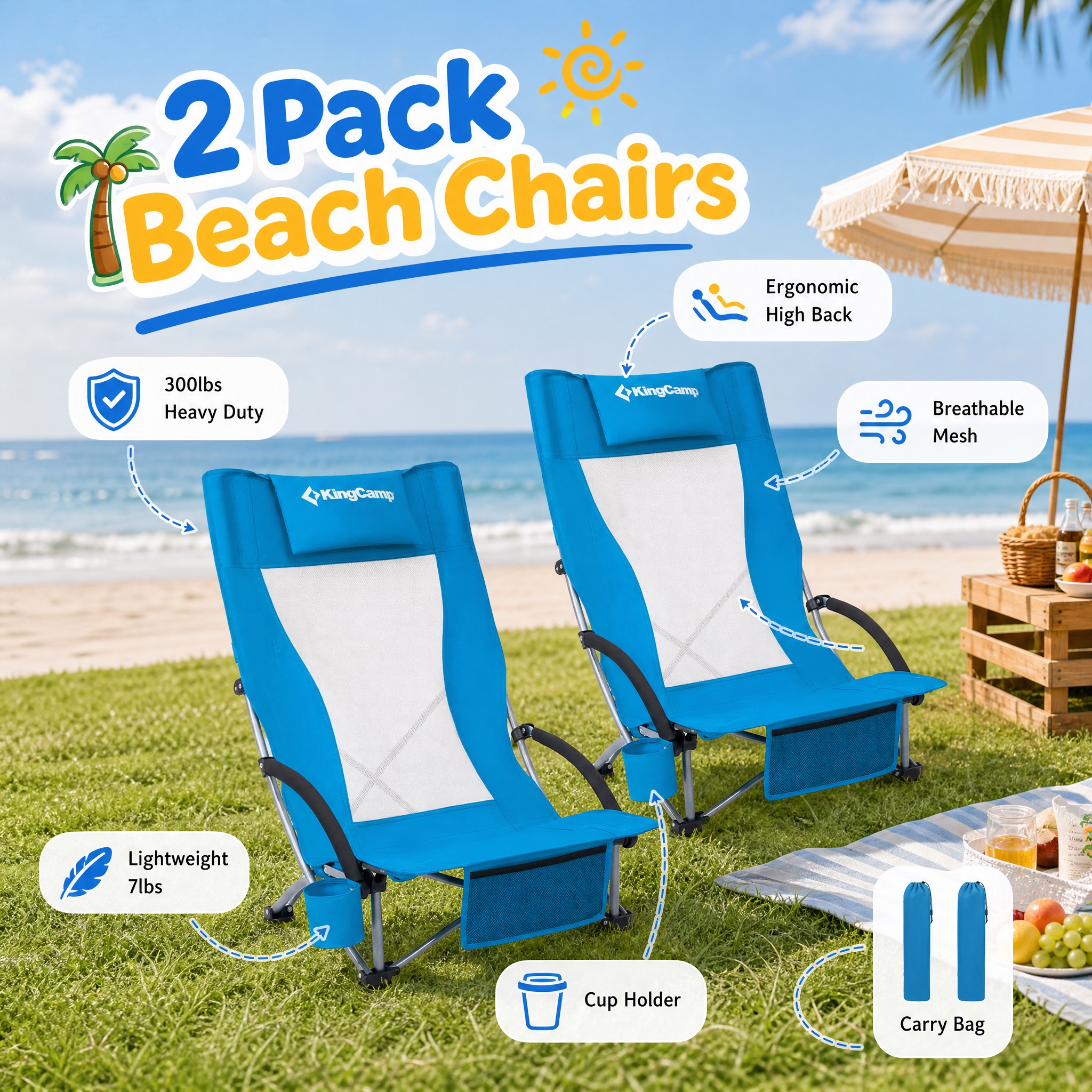 Advertisement for KingCamp 2-pack Beach Chairs on a sunny beach, showcasing key features: lightweight (7lbs), 300lbs heavy-duty capacity, ergonomic high back, breathable mesh, cup holder, and convenient carry bag.